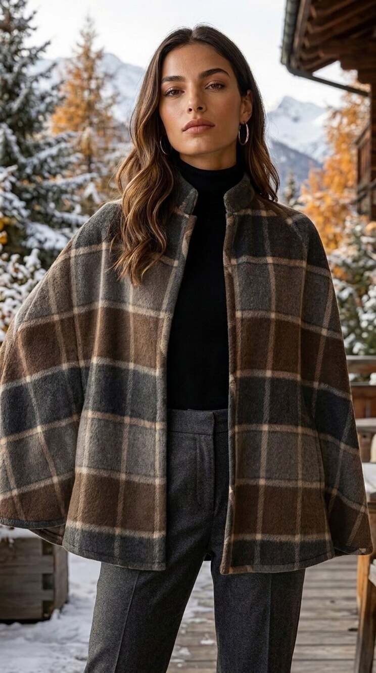 Backstreet Plaid Cape Coat Brown Gray Plaid Fleece